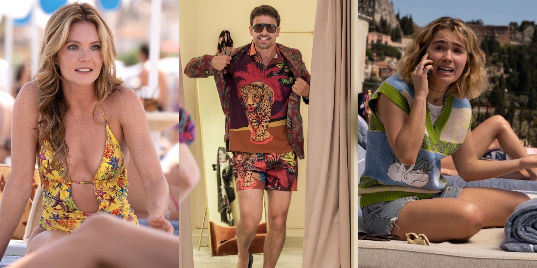 Meghann Fahy, Theo James, and Haley Lu Richardson in The White Lotus Sicily