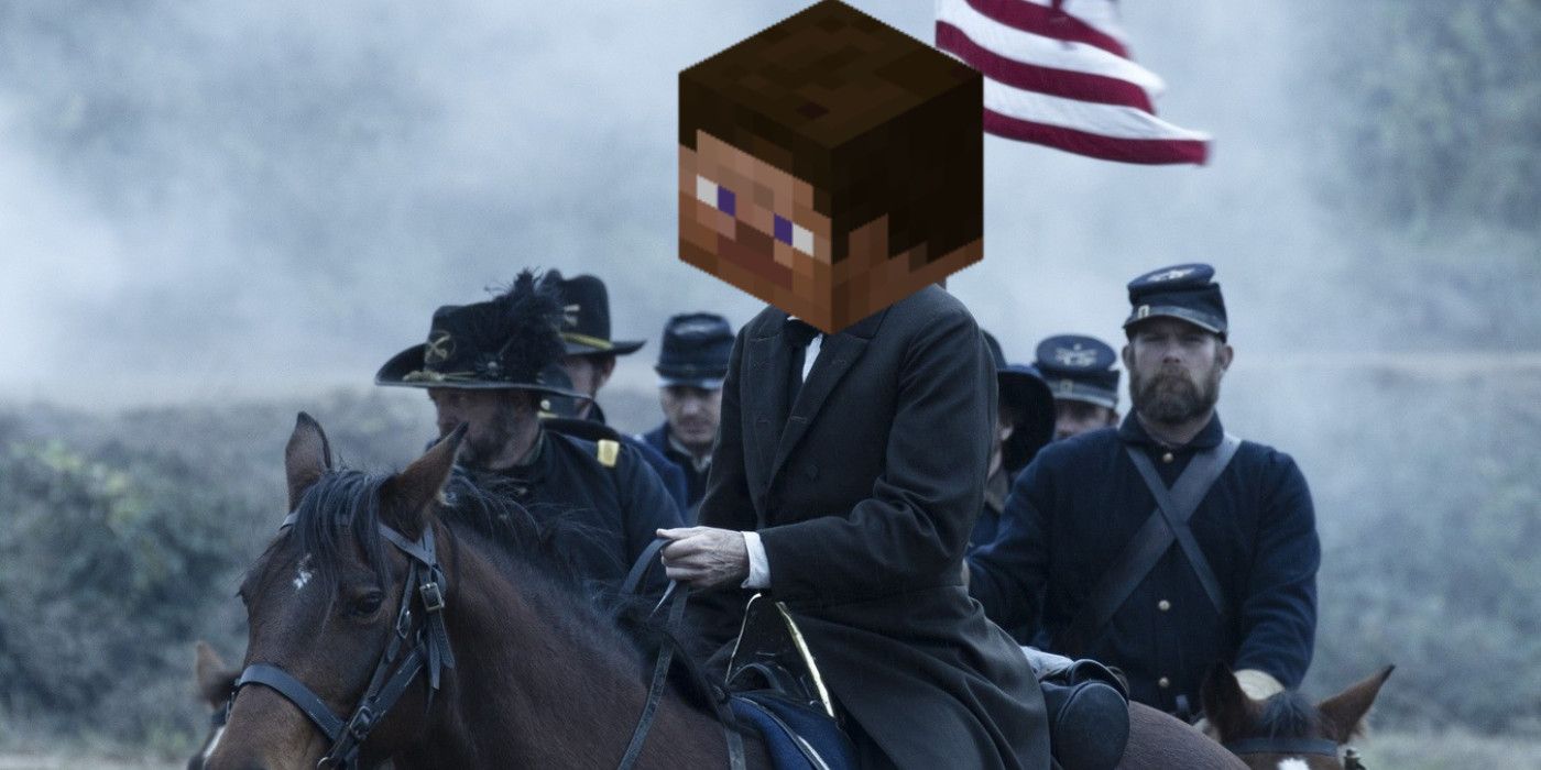 Minecraft Steve's head over that of Daniel Day-Lewis in a screenshot from the 2012 movie Lincoln