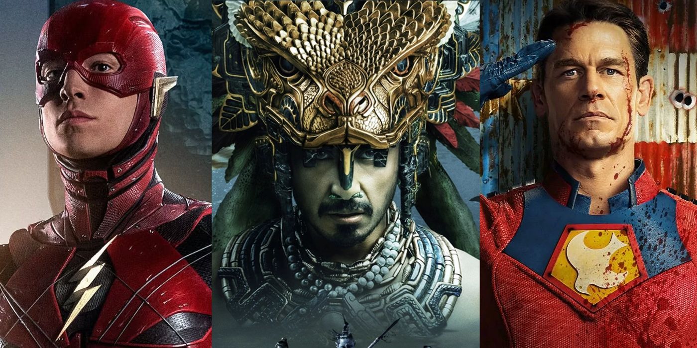 Split Image: Ezra Miller's Flash poses on Justice League movie poster; Tenoch Huerta's Namor in his battle gear; Peacemaker (John Cena) salutes