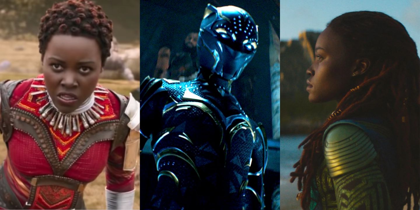 Split image of Nakia fighting in Black Panther, Shuri's new suit, and Nakia looking at the ocean in Wakanda Forever
