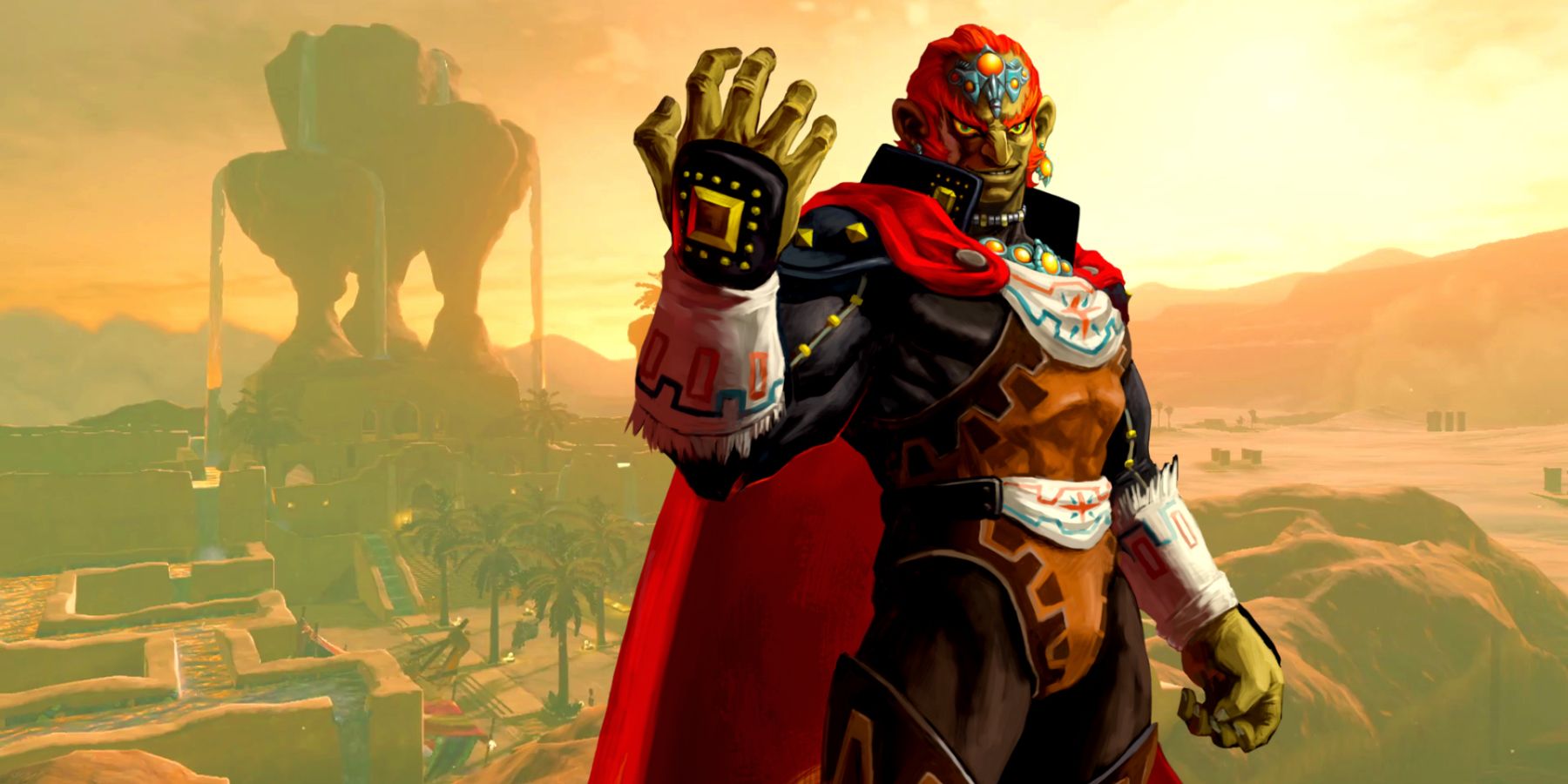 Official artwork of Ganondorf from Ocarina of Time 3D in front of a screenshot overlooking BOTW's Gerudo Town.