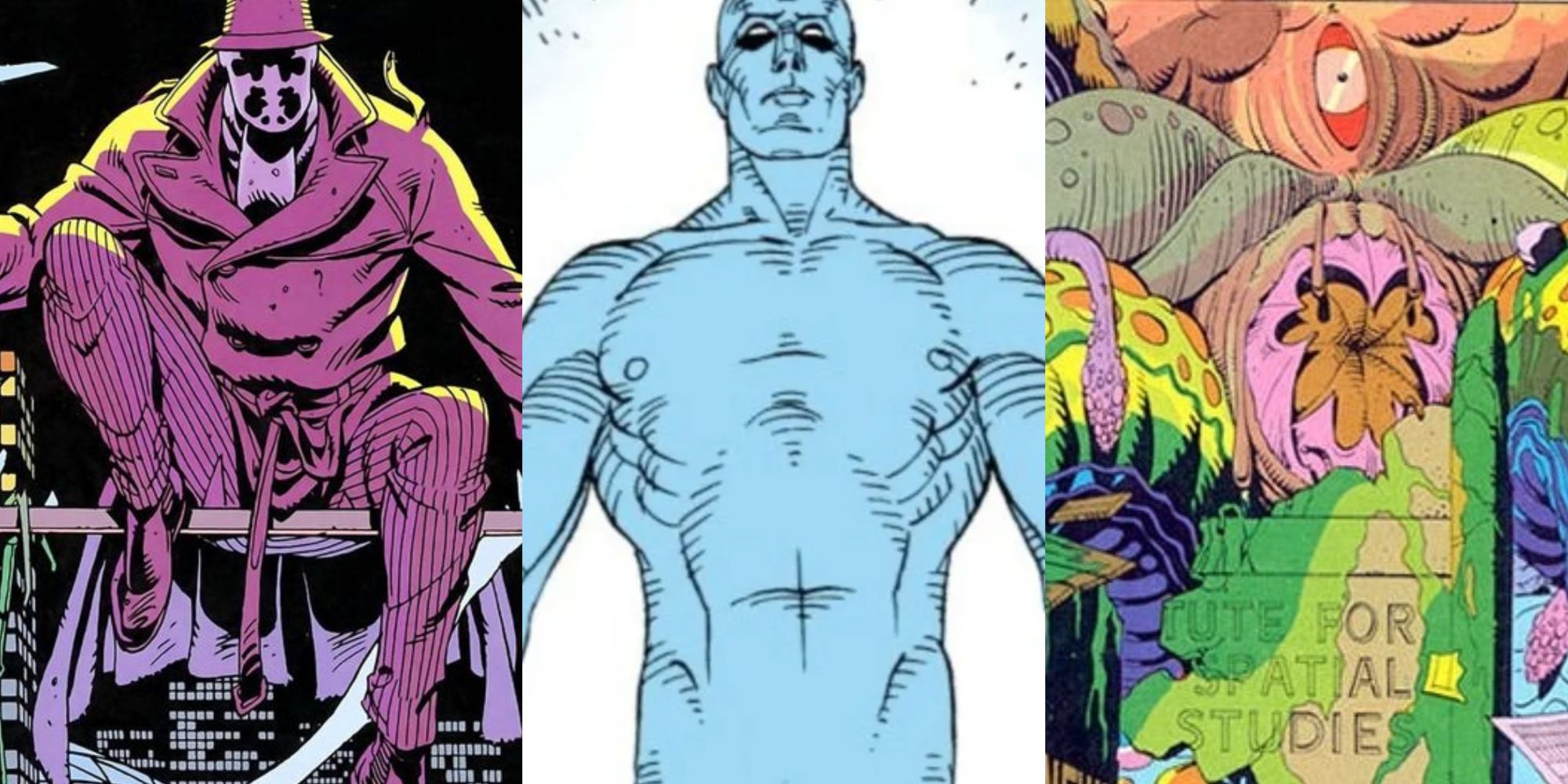 Split image of Rorschach, Doctor Manhattan and the squid Watchmen featre