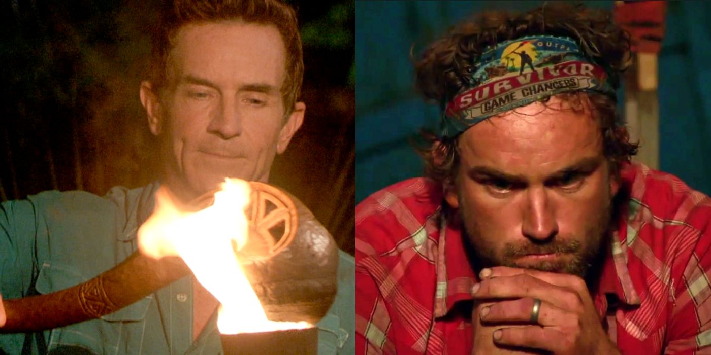 Split image: Jeff Probst snuffing a torch, JT glowering at tribal council on Survivor