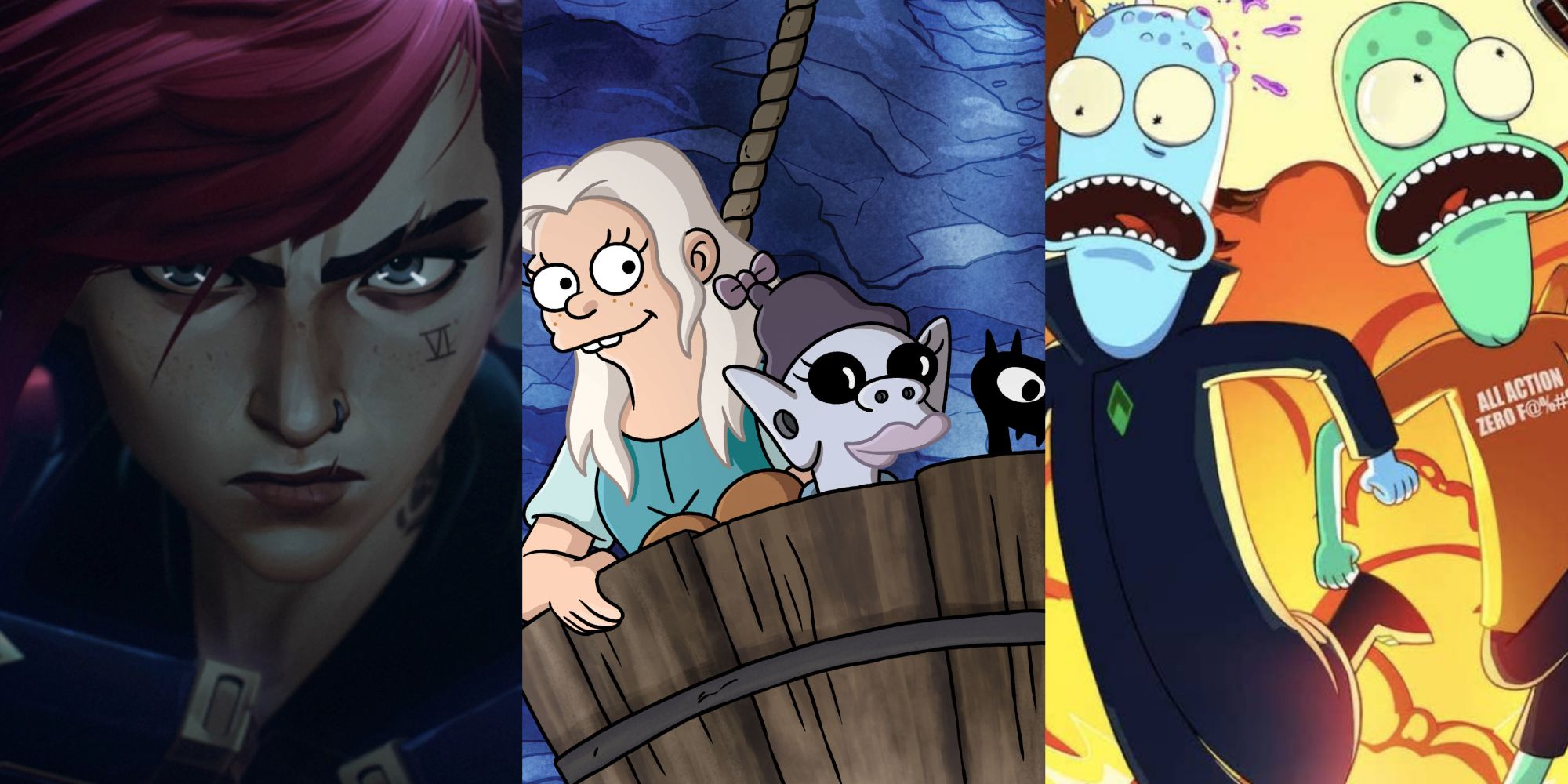 Split image of Arcane, Disenchantment and Solar Opposites animated feature