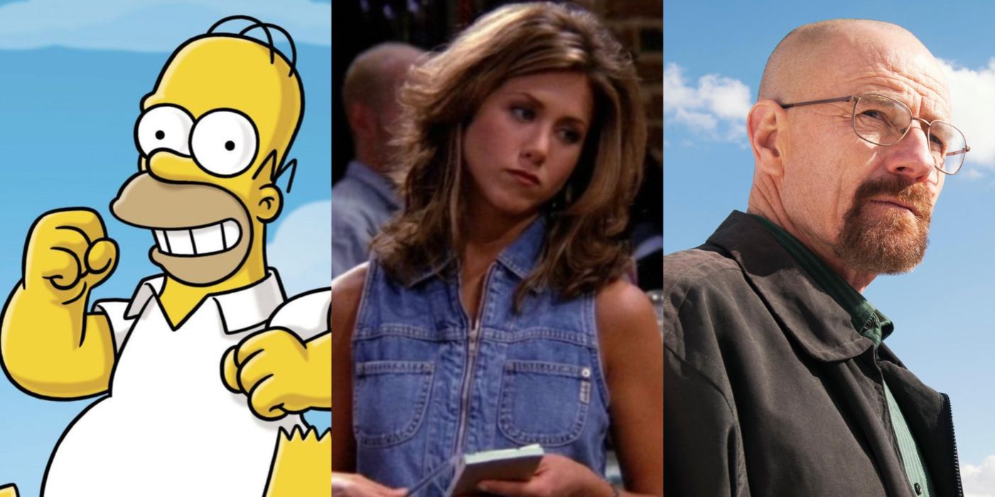 Split image of Homer Simpson, Rachel Greene and Walter White
