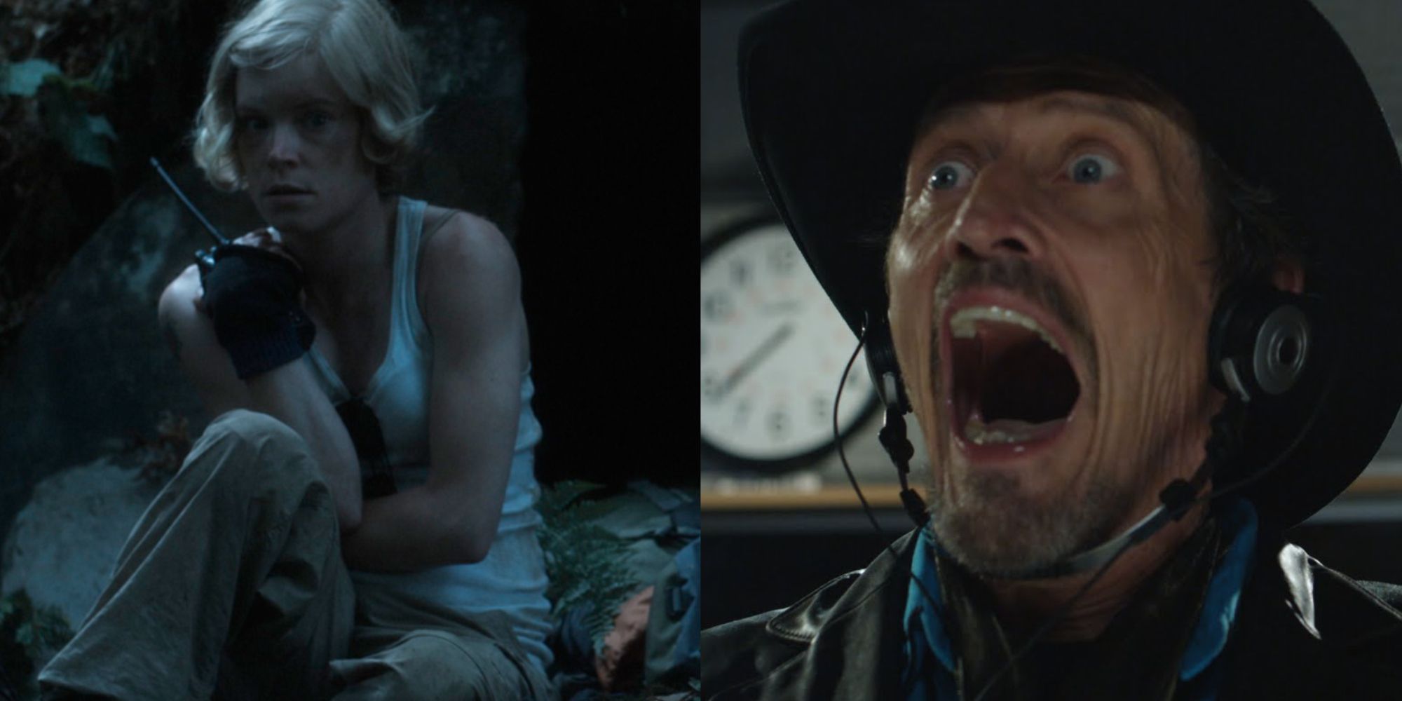 Split images of a woman on the walkie talkie in YellowBrickRoad and a man screaming in Pontypool