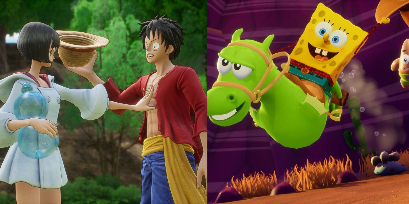 Nami touches Luffy's chest in One Piece Odyssey and SpongeBob rides Murray in SpongeBob SquarePants: The Cosmic Shake