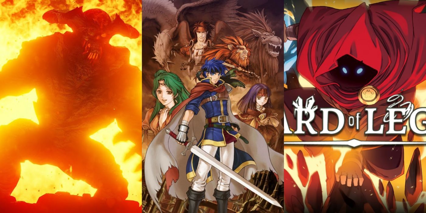 A split image of the Flamelurker from Demon's Souls, Fire Emblem: Path of Radiance cast, and Wizard of Legend game cover.