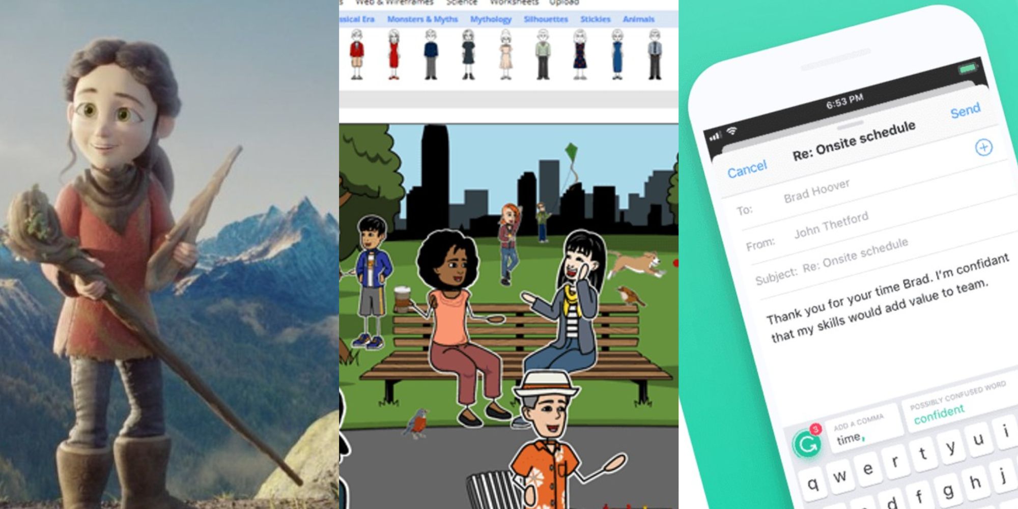 Split image of blender, storyboarder and grammerly feature