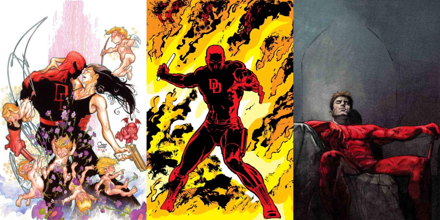 Split image of Daredevil: Parts of a Hole, Born Again, and Hardcore covers.