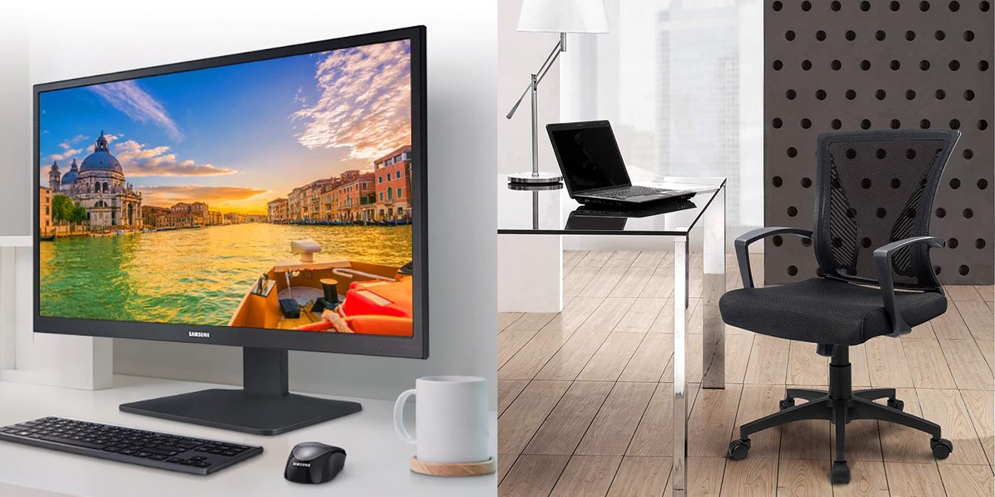 Split image of a Samsung monitor and Furman office chair.