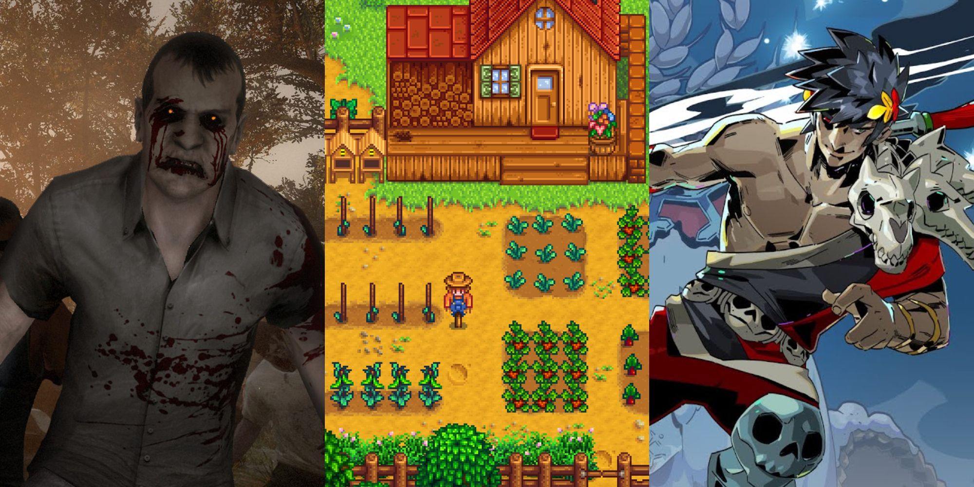 Stills from Left 4 Dead, Stardew Valley, and Hades