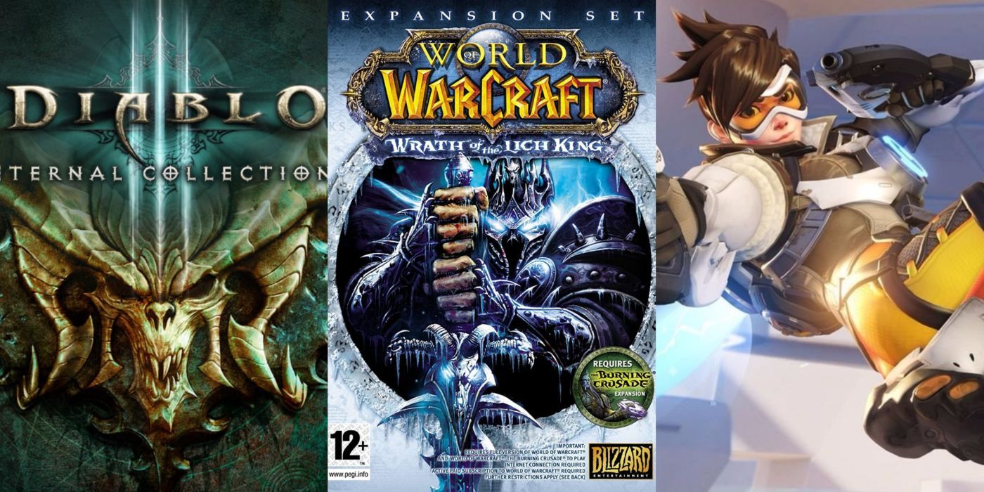 A split image of Diablo III: Eternal Collection, World of Warcraft: Wrath of the Lich King, and Overwatch.