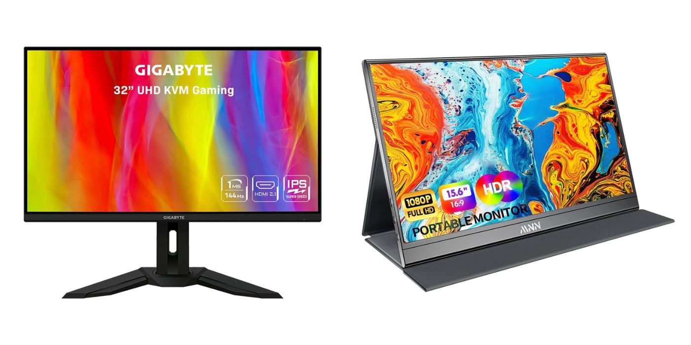 Split image of the Gigabyte M32U and MNN Portable gaming monitors, respectively.