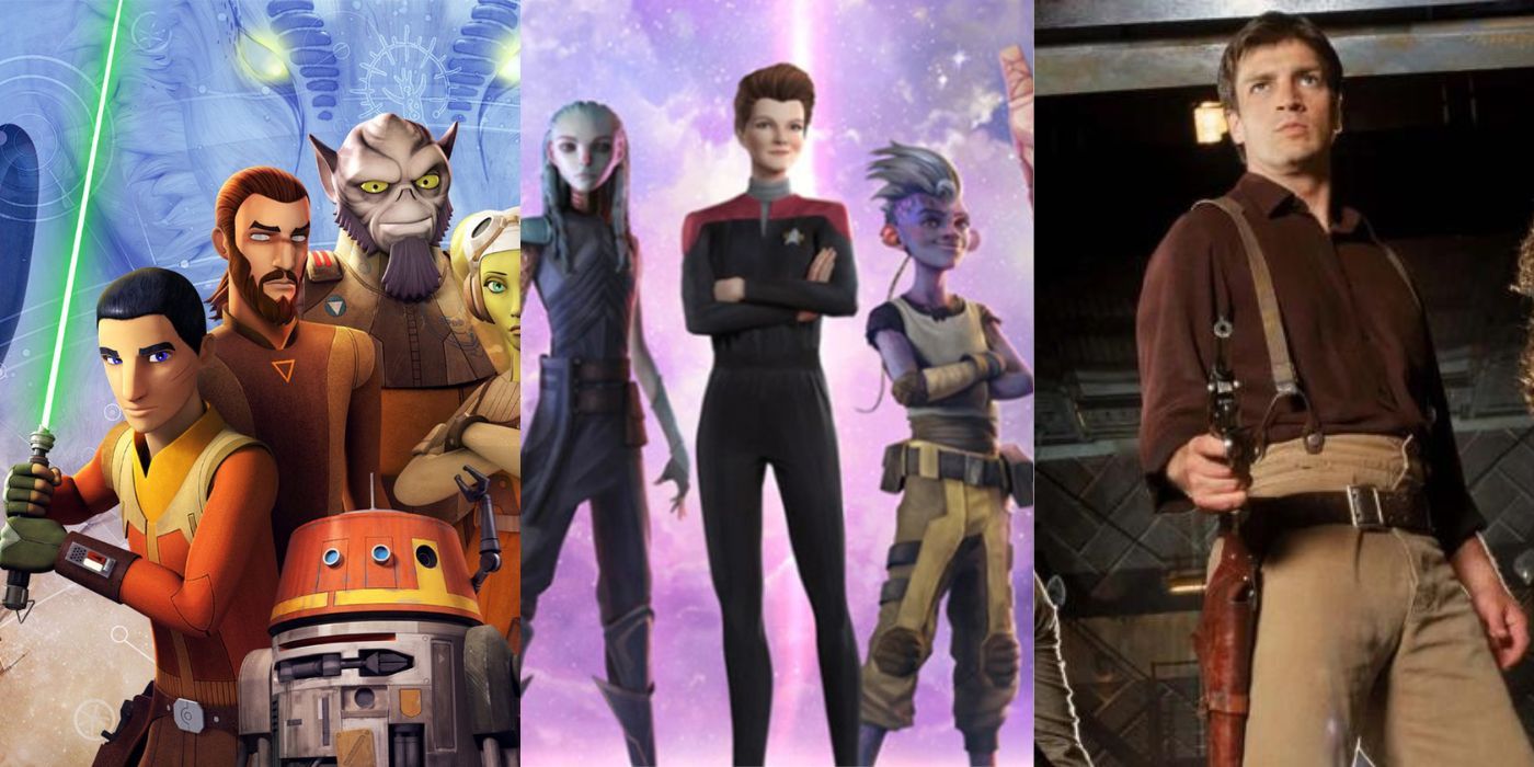 Split images of stills from Star Wars Rebels, Star Trek Prodigy and Firefly