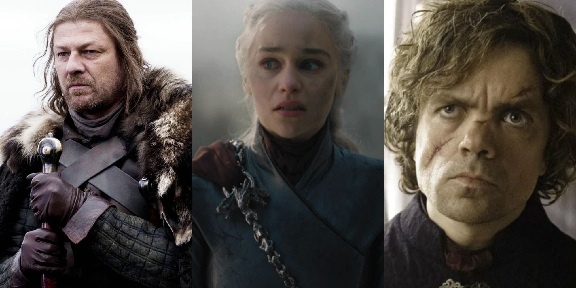 A tri-split image showing, from left to right, Ned Stark, Daenerys Targaryen, and Tyrion Lannister from Game of Thrones