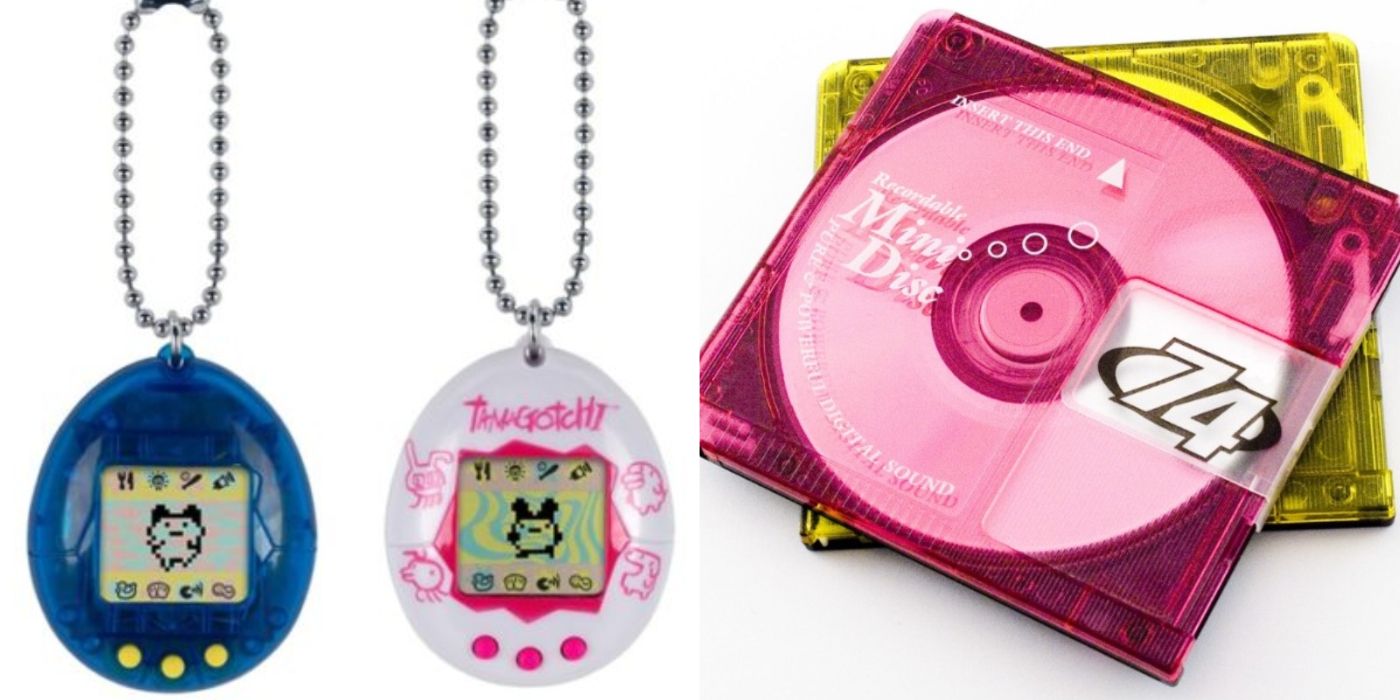 A split image of Tamagotchi and two MiniDiscs