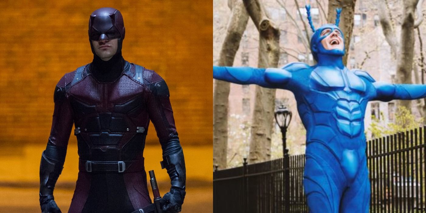 Split image of Daredevil and The Tick from their respective shows, posing dramatically
