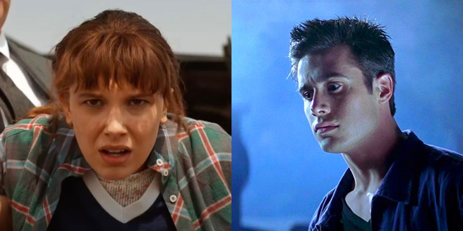 A split image of Millie Bobby Brown in Stranger Things and Freddie Prinze Jr. looking shocked