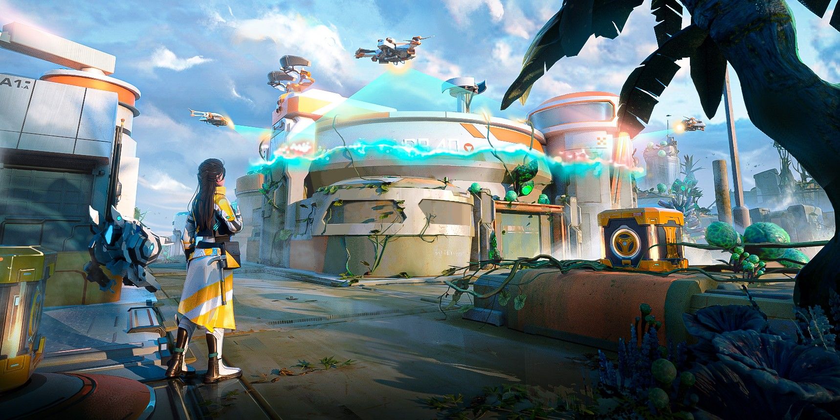 Cygnus Enterprises Key Art showing the protagonist watching a base building be repaired by robots.