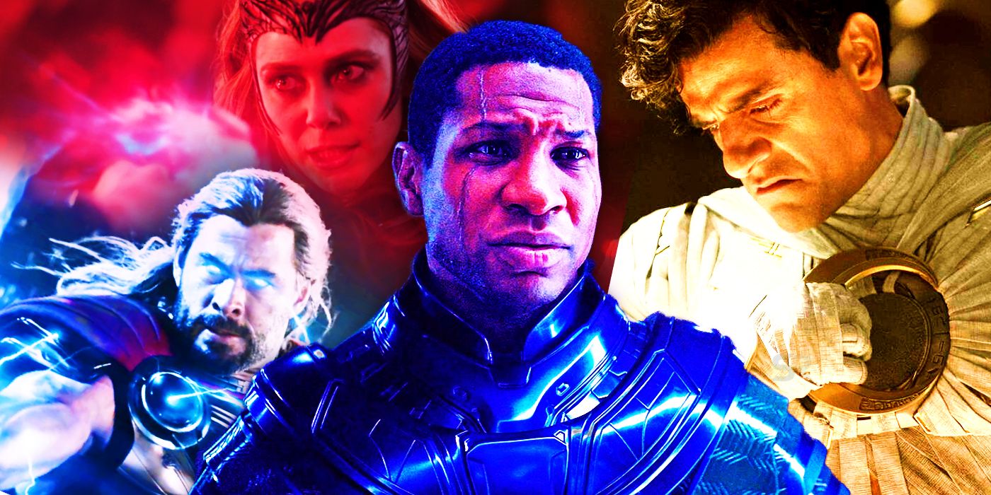 A collage of Kang and several MCU heroes.