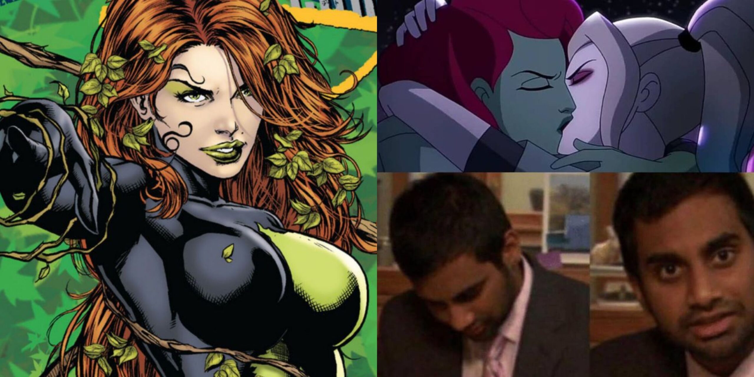 Featured image Poison Ivy posing on a cover and kissing Harley Quinn in the animated series