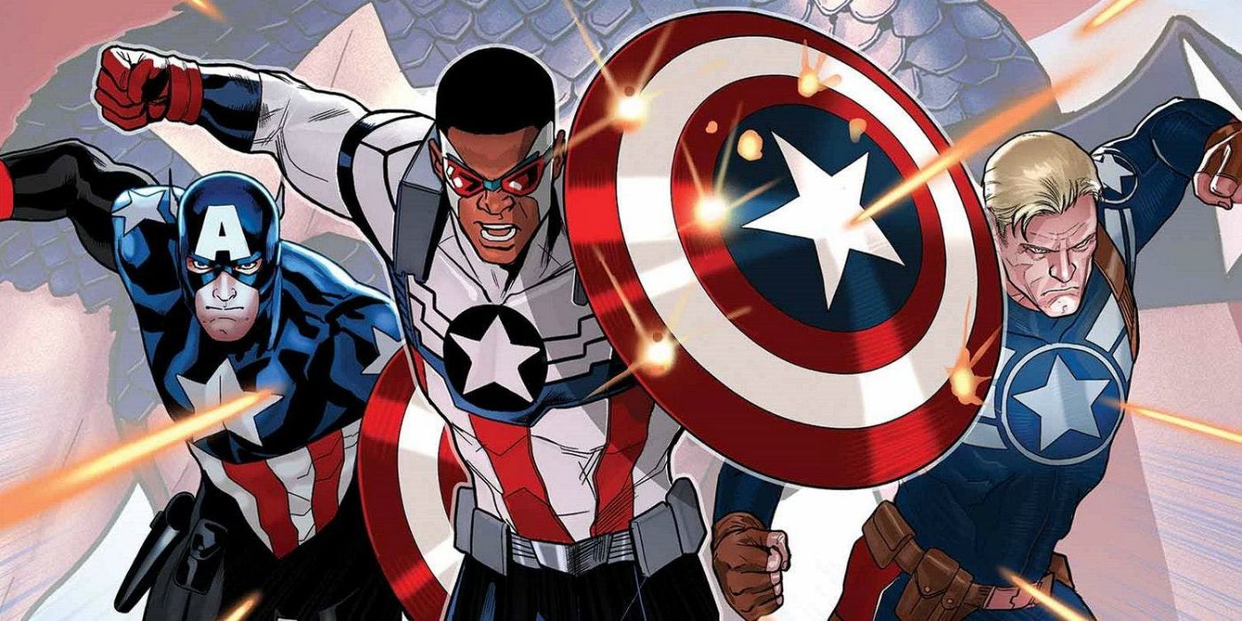 Captain America Sam Wilson, Bucky Barnes, and Steve Rogers head into battle in Marvel Comics.