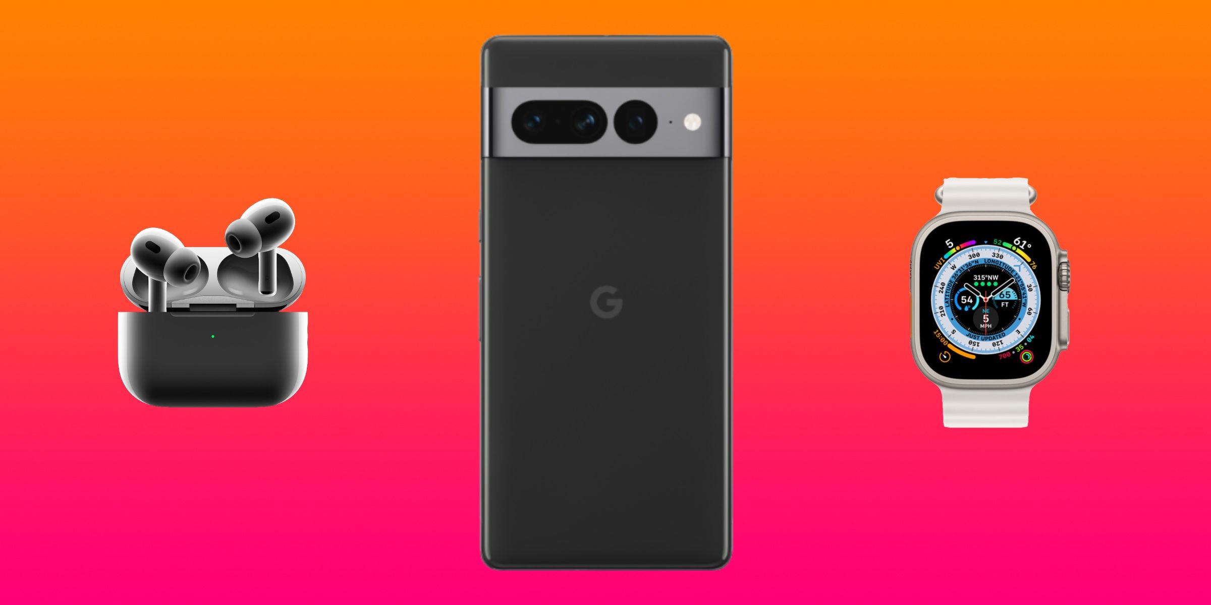 A pair of second-generation AirPods Pro, a Pixel 7 Pro, and an Apple Watch Ultra.