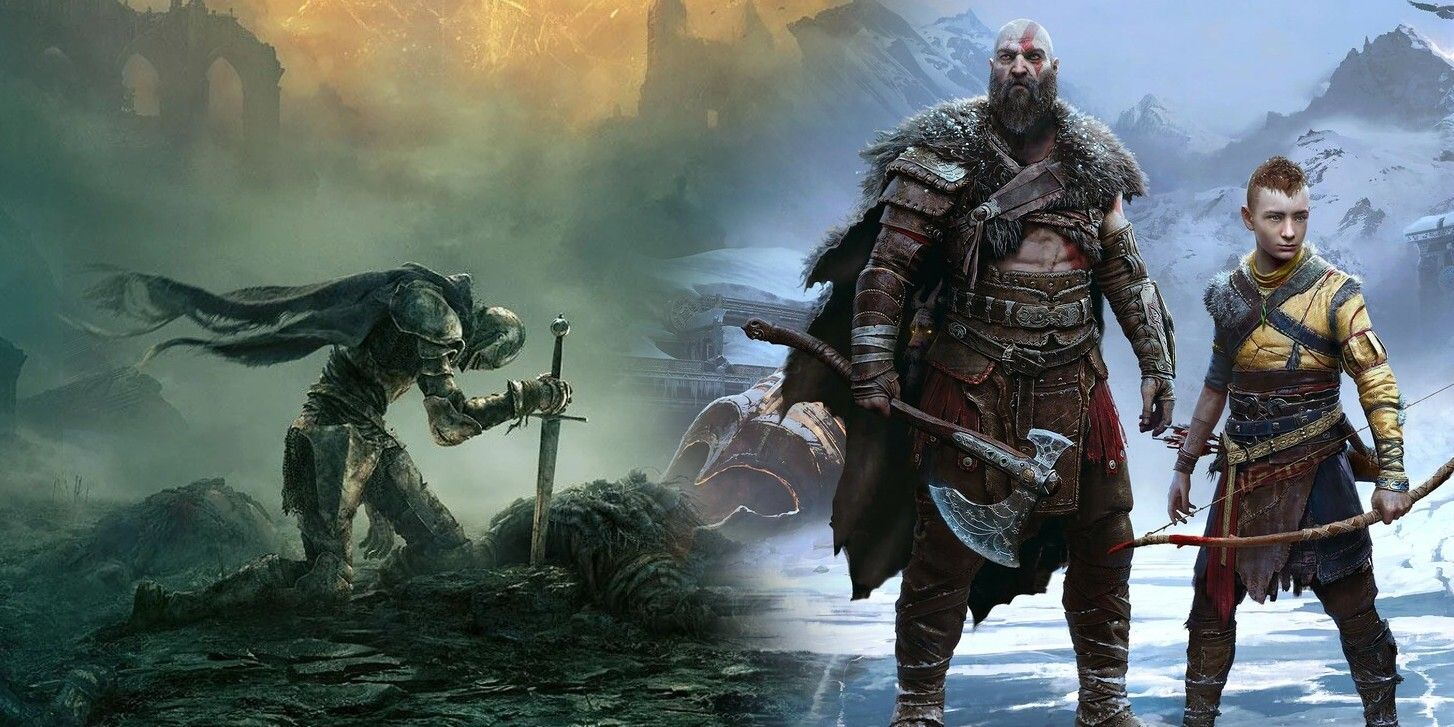 Elden Ring's Tarnished protagonist opposite an image of Kratos and Atreus from God of War Ragnarok