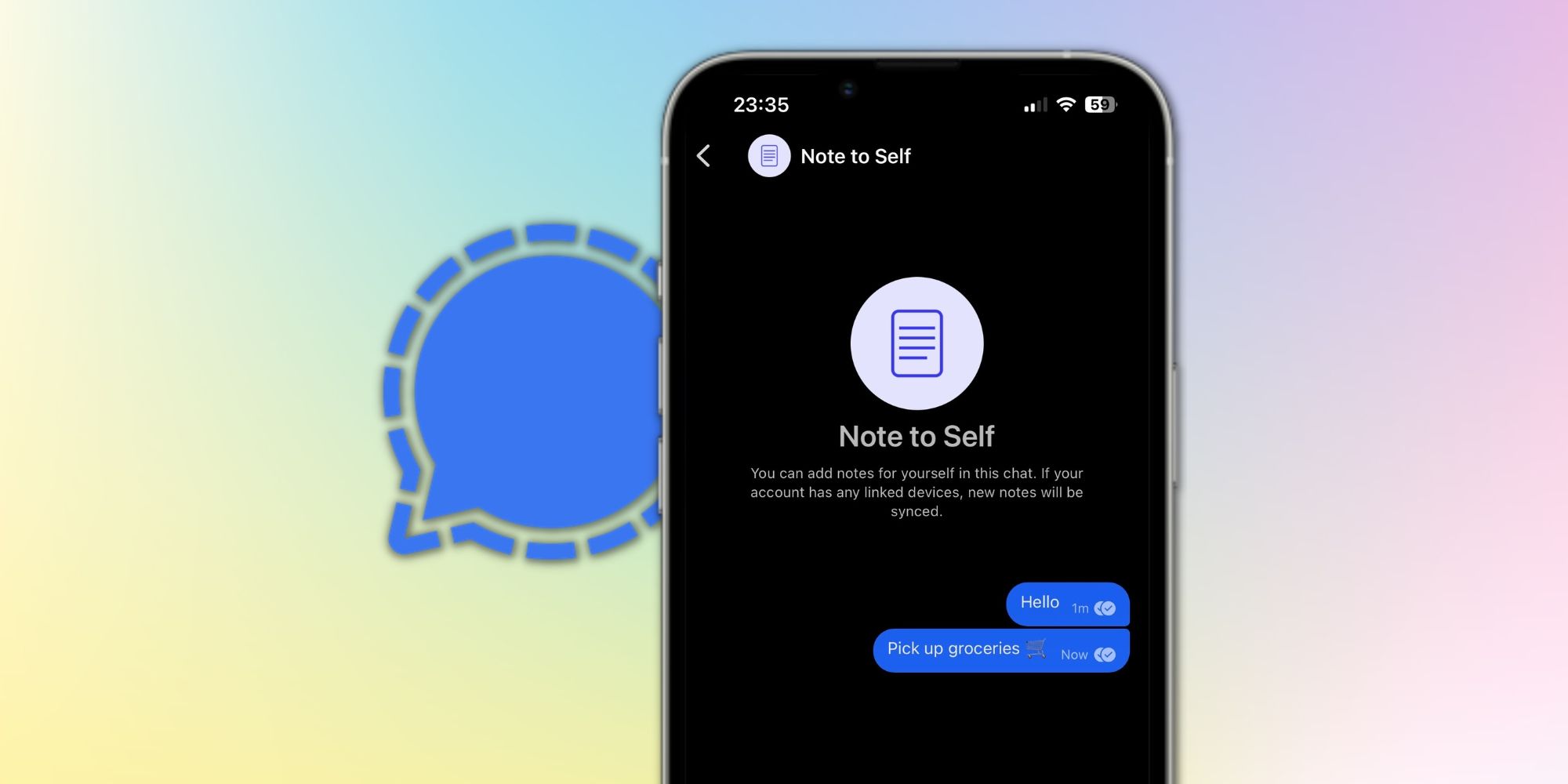 Screenshot of Signal Note to Self feature along with the app's logo on a colorful background
