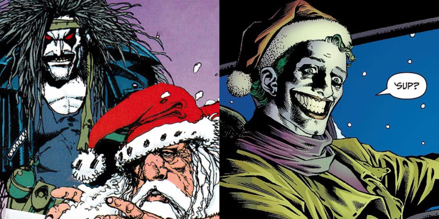 Split image showing scenes from various DC Christmas stories