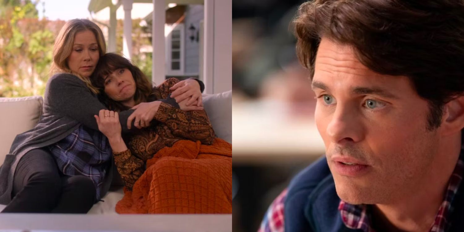 Jen and Judy hugging on a couch and a closeup of Ben