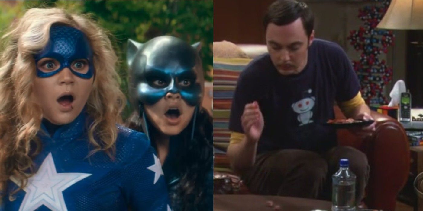 Split image of Courtney and Yolanda from Stargirl looking shocked and Sheldon rolling dice on the Big Bang Theory