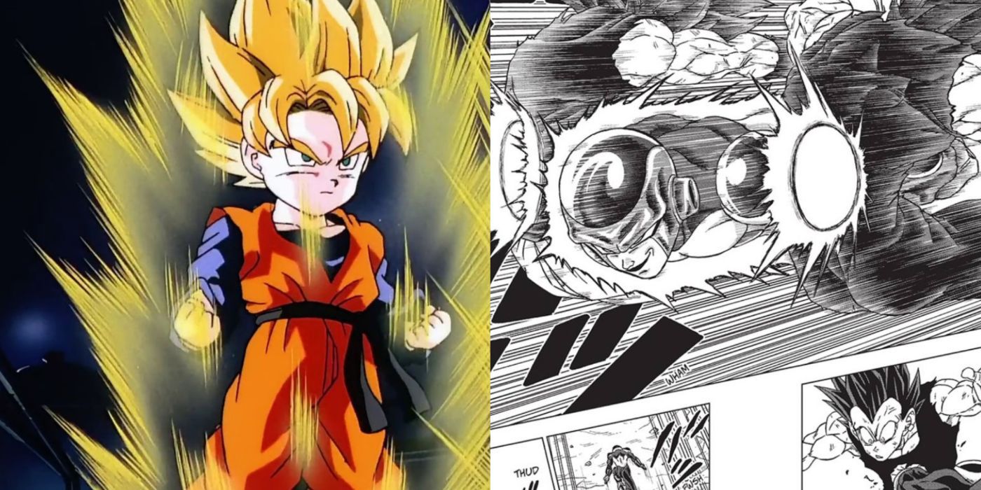 A split image of Super Saiyan Goten and Black Frieza punching Goku and Vegeta from Dragon Ball Super.