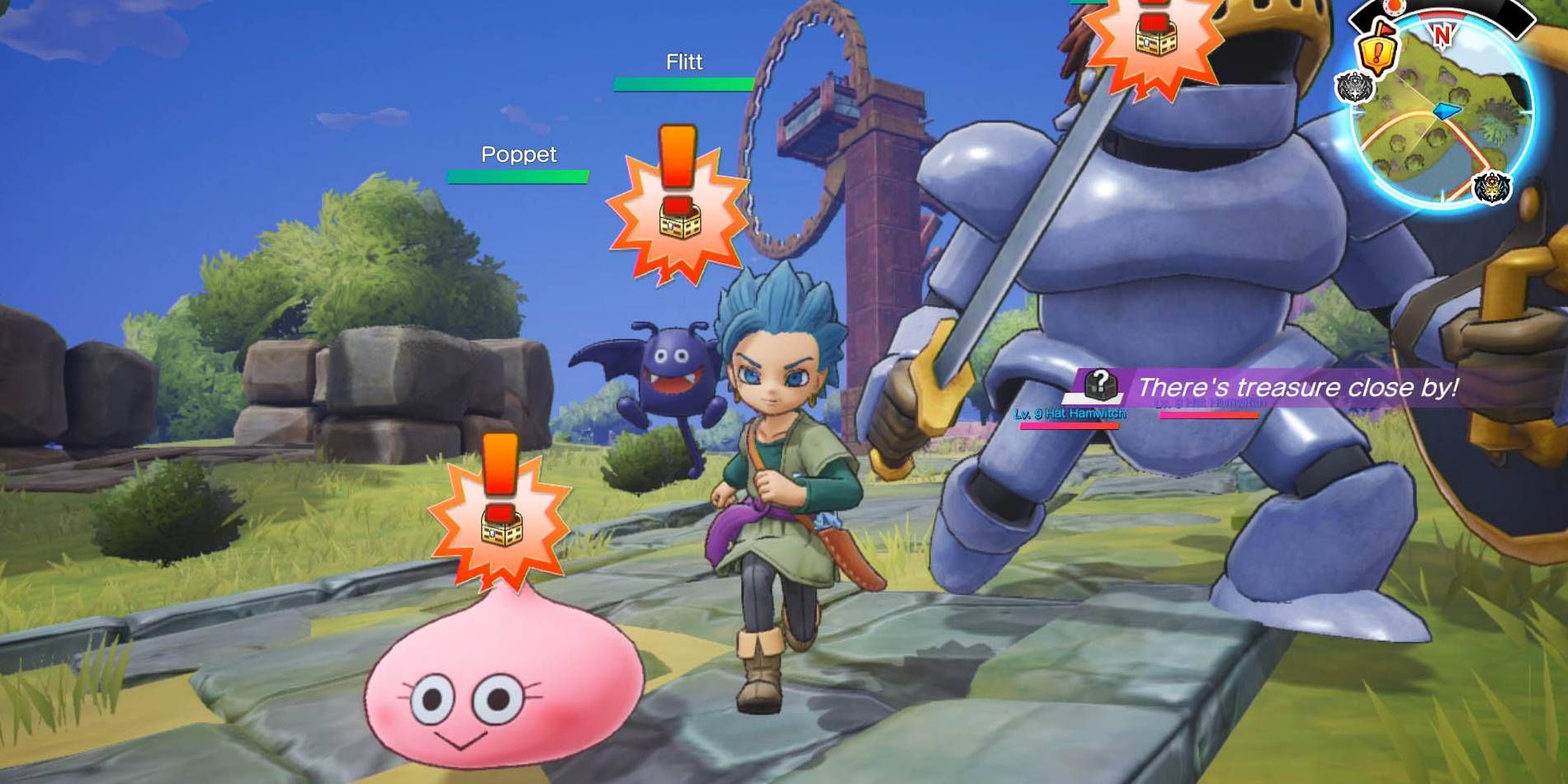 Dragon Quest Treasures Erik With Three Monsters in Party Hunting For Treasure in Patternoggin Section of Draconia