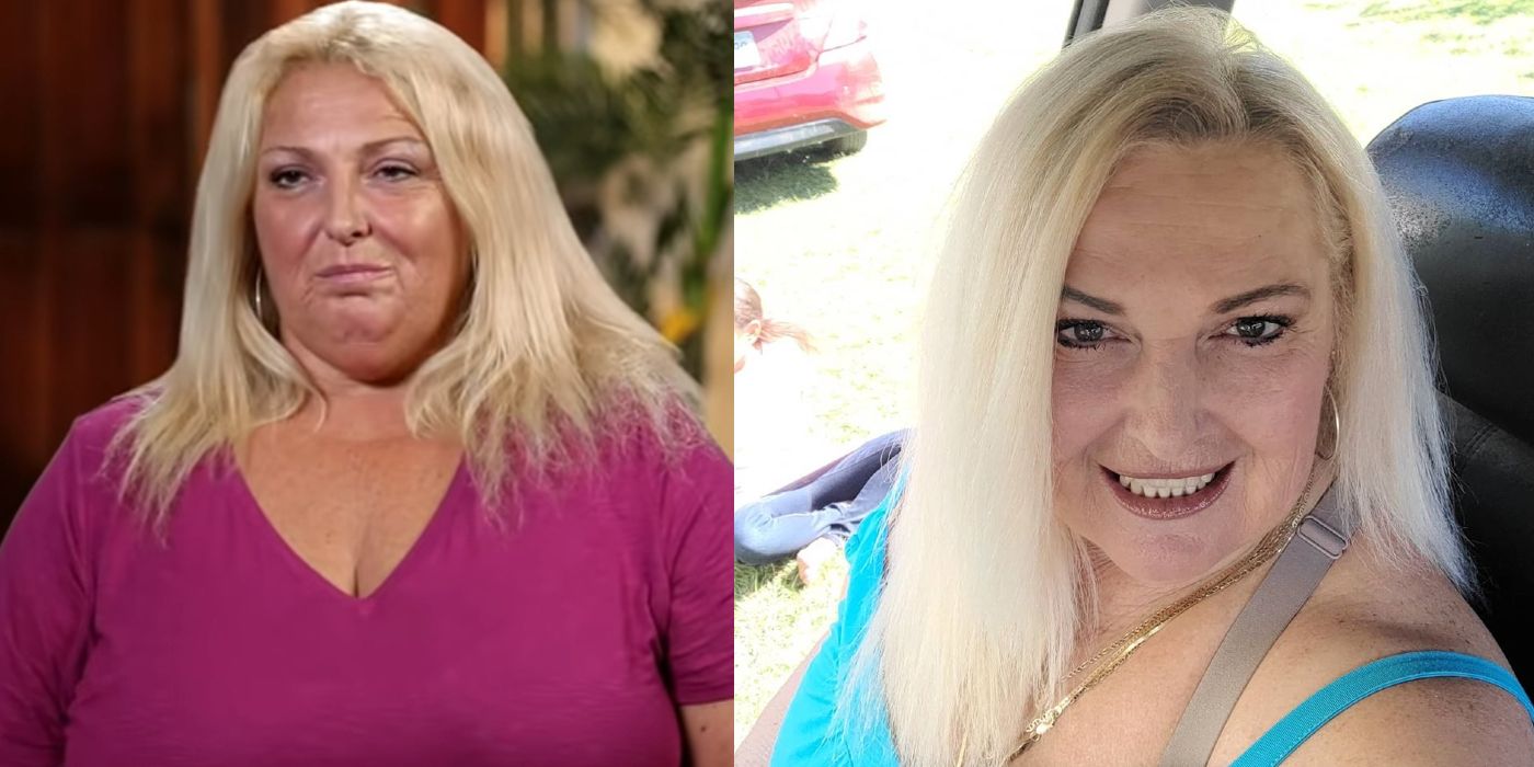 Split image of a Angela on the show the first time compared to now in 90 Day Fiancé