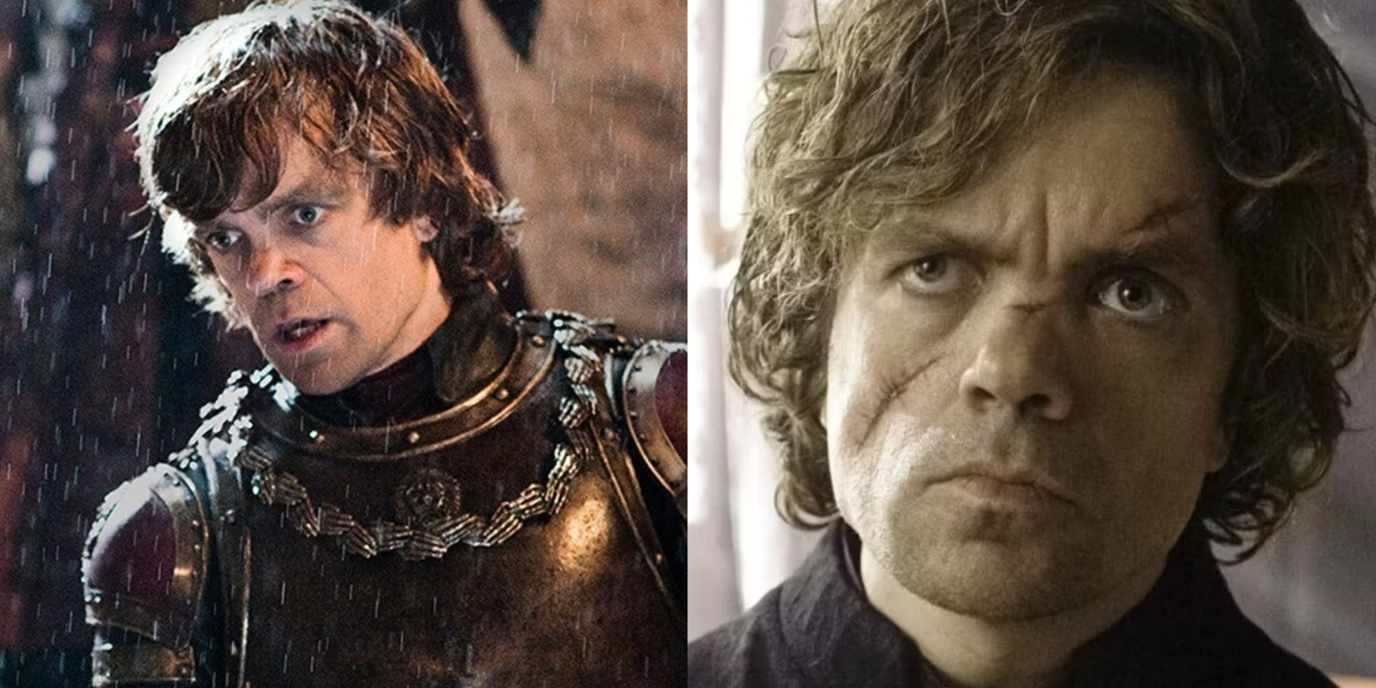 Split image of Tyrion Lannister on the battlefiedl and with a scar in Game of Thrones