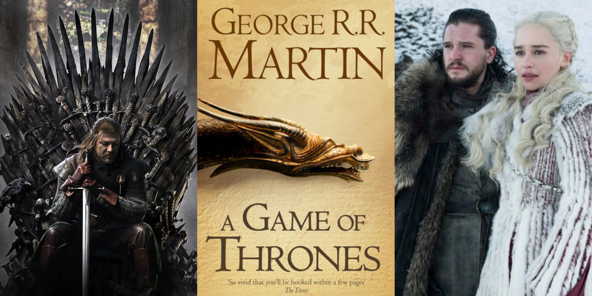Split image of Game of Thrones Book, Poster and Jon and Dany feature