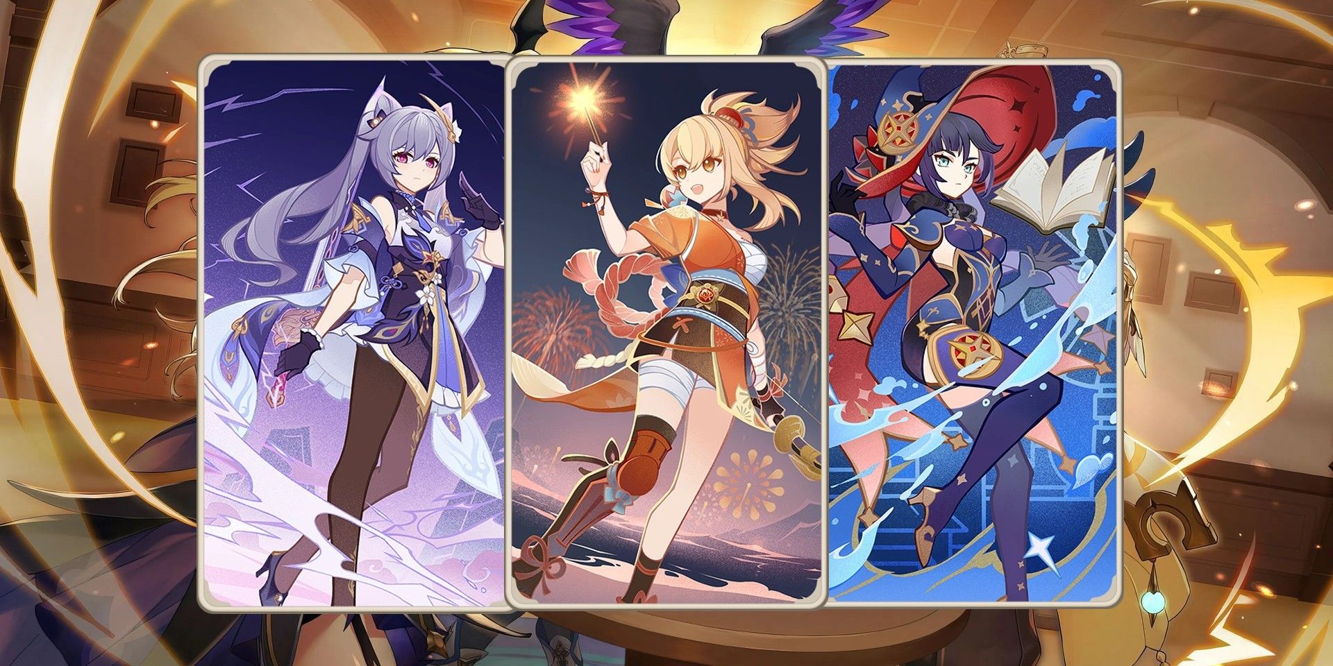 Character cards for Keqing, Yoimiya and Mona over the promo banner for Genshin Impact Genius Invokation TCG.