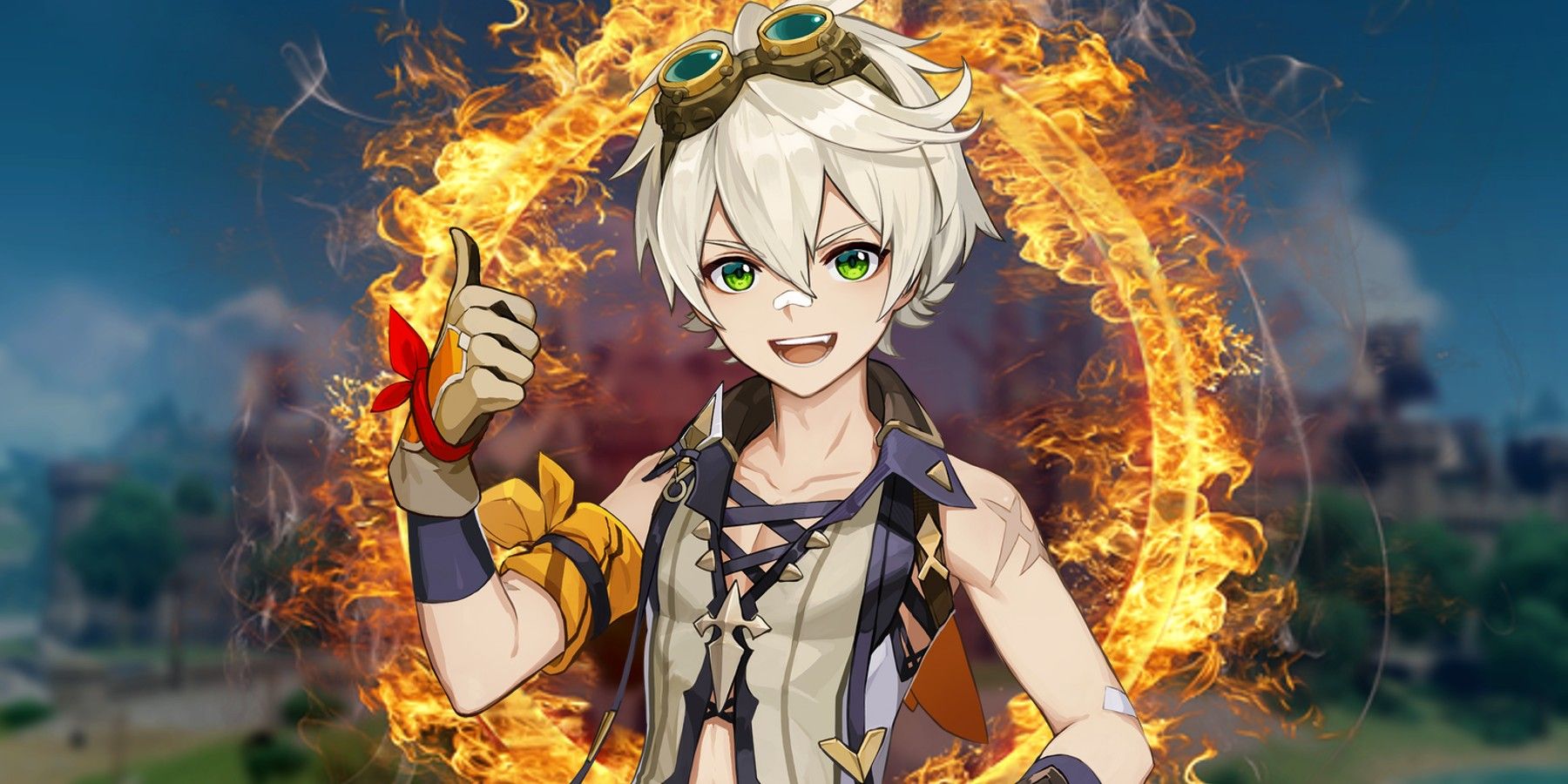 Genshin Impact's Bennett poses with a circle of fire behind him and Mondstadt in the background.