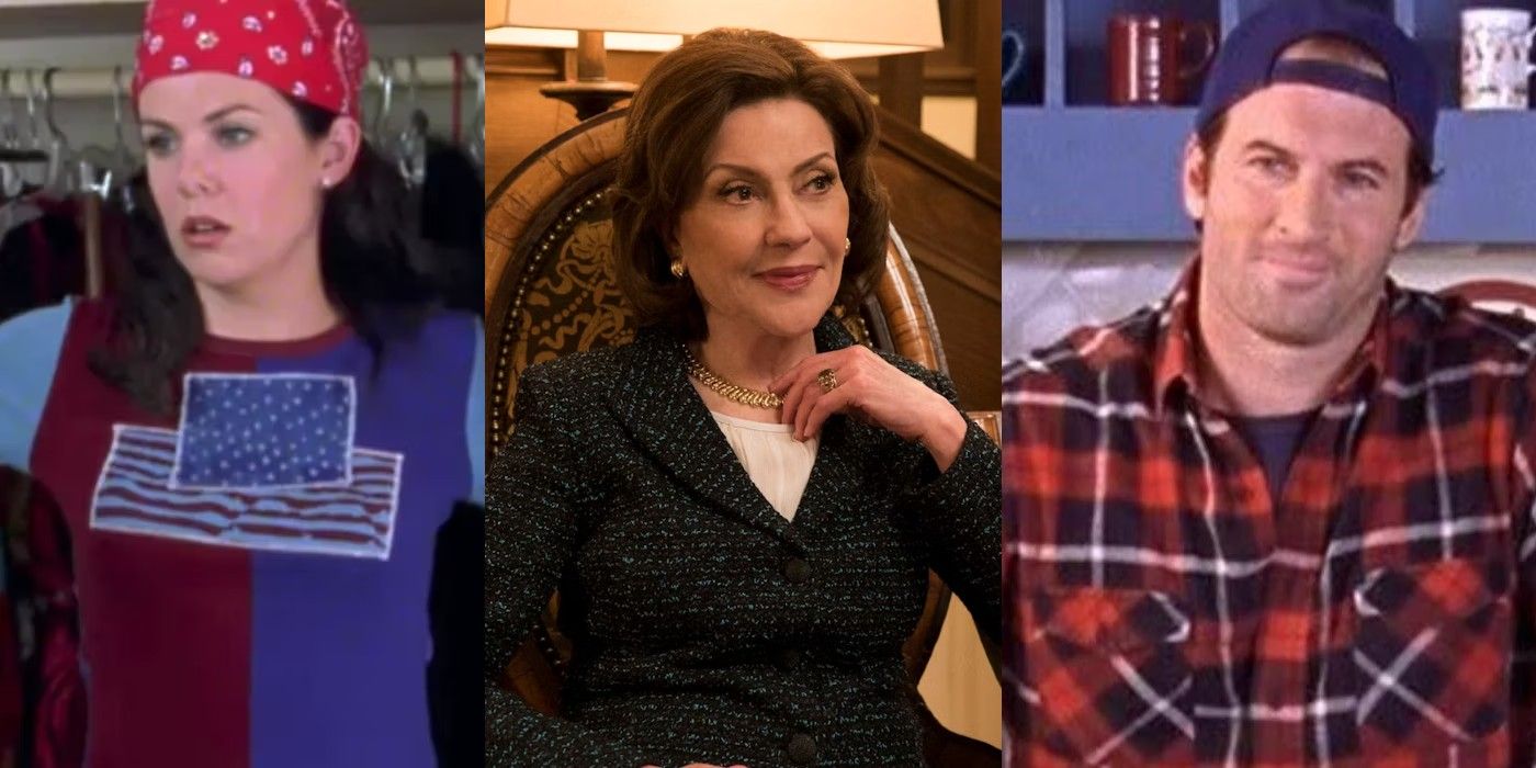 Split image of Lorelai, Emily, and Luke from Gilmore Girls
