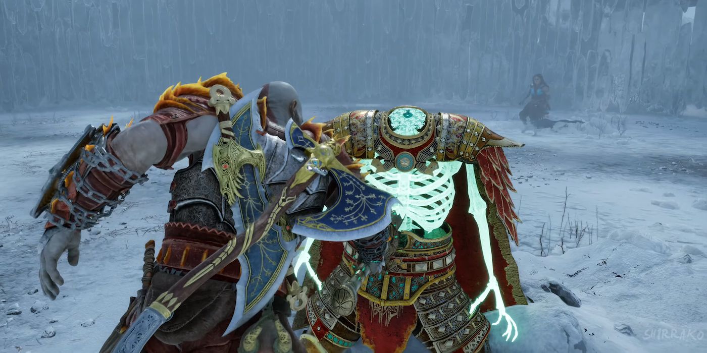 Kratos decapitating the spectral Berserker King Hrolf in God of War Ragnarok