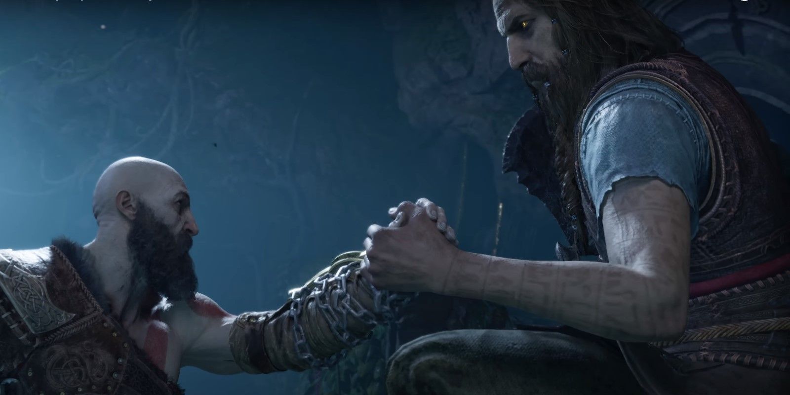Tyr and Kratos clasping hands in God of War Ragnarök