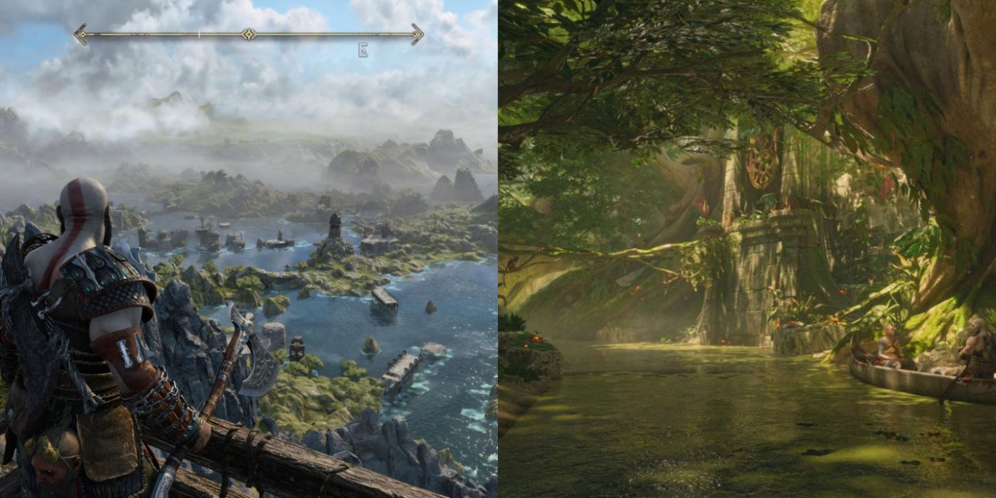 A split image of Svartalfheim and Vanaheim in god of war ragnarok.