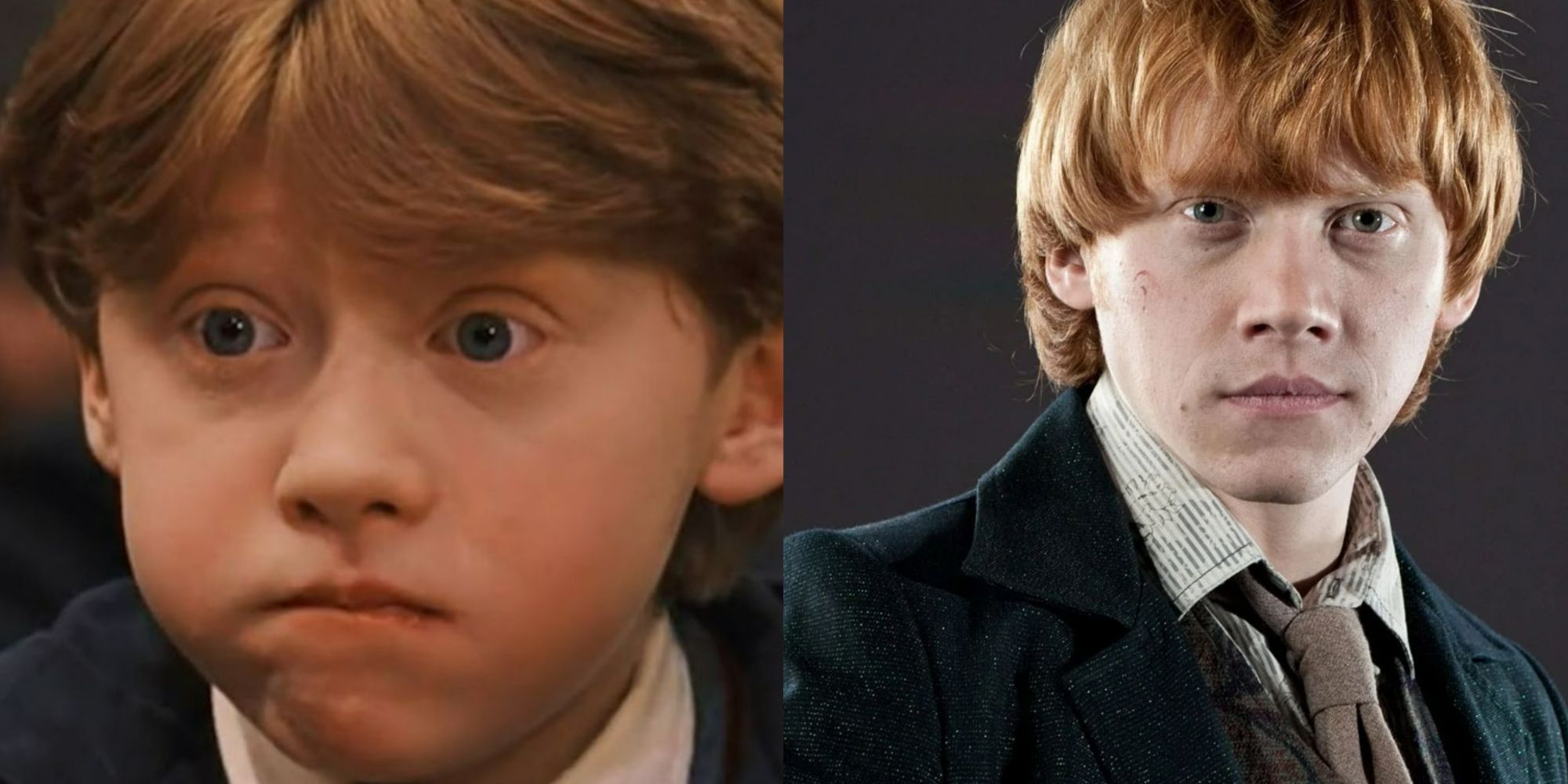A split image showing a young Ron on the left and older Ron on the right from Harry Potter.