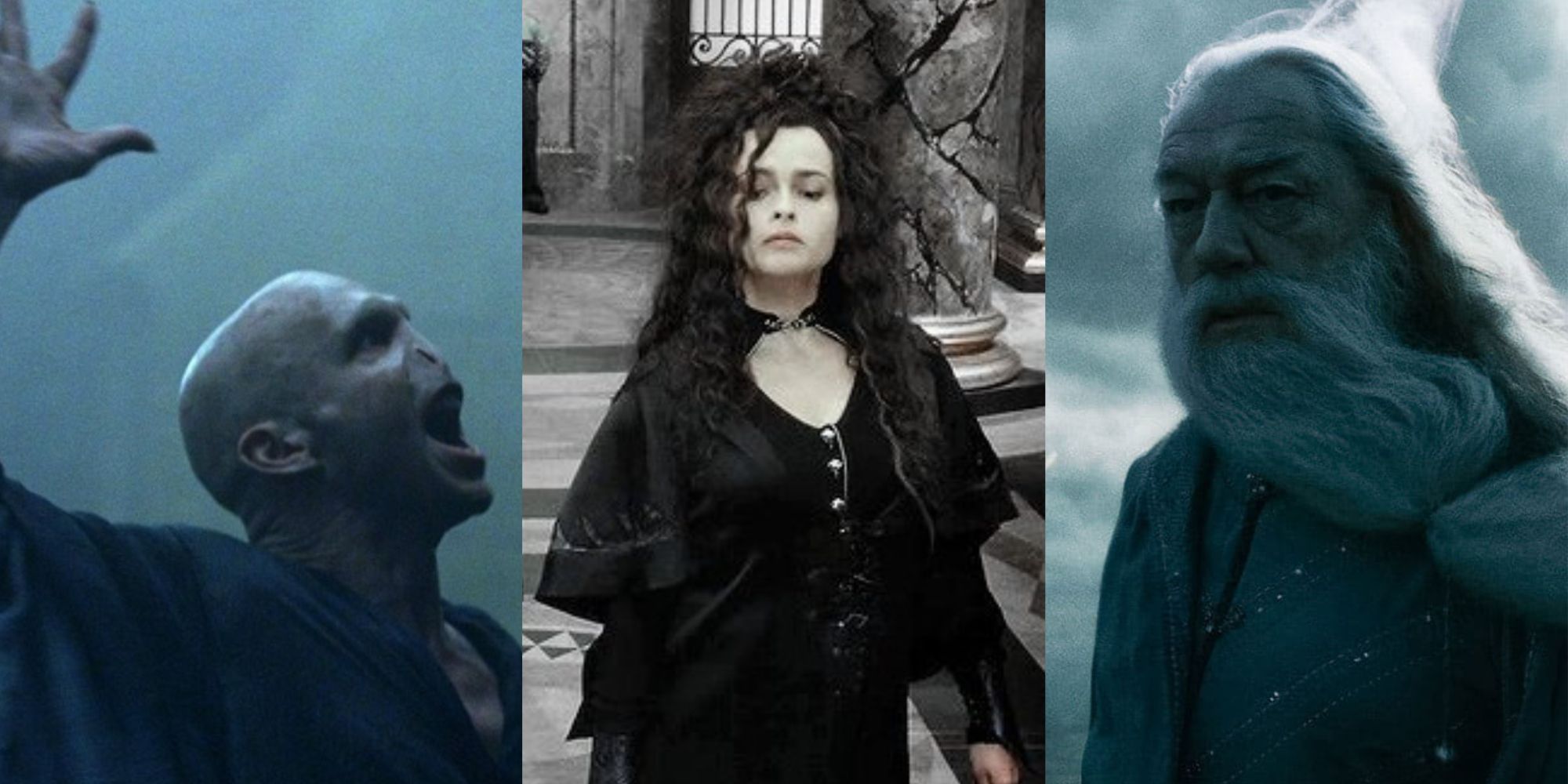 Split image of Voldemort with mouth open and hand raised in graveyard, Hermione impersonating Bellatrix in Deathly Hallows Part 2, and Dumbledore looking left while wind blows in his hair