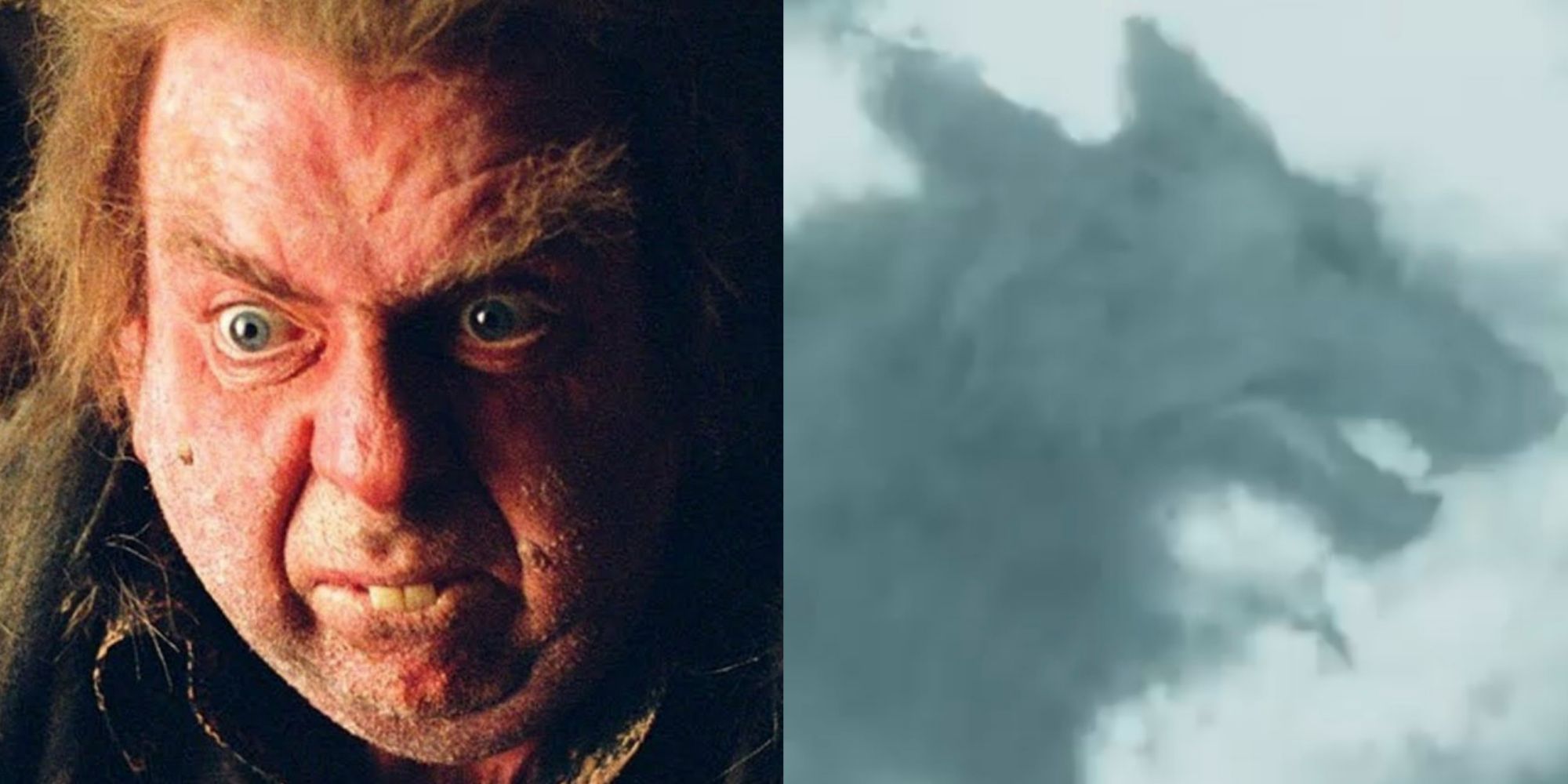 A split image showing Peter Pettigrew on the left and the Grim in the clouds on the right from Harry Potter.