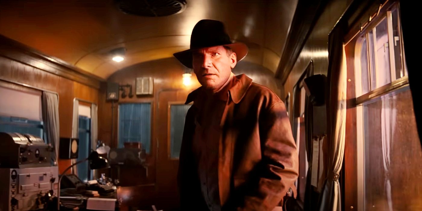 De-aged Harrison Ford on a train in Indiana Jones and the Dial of Destiny.