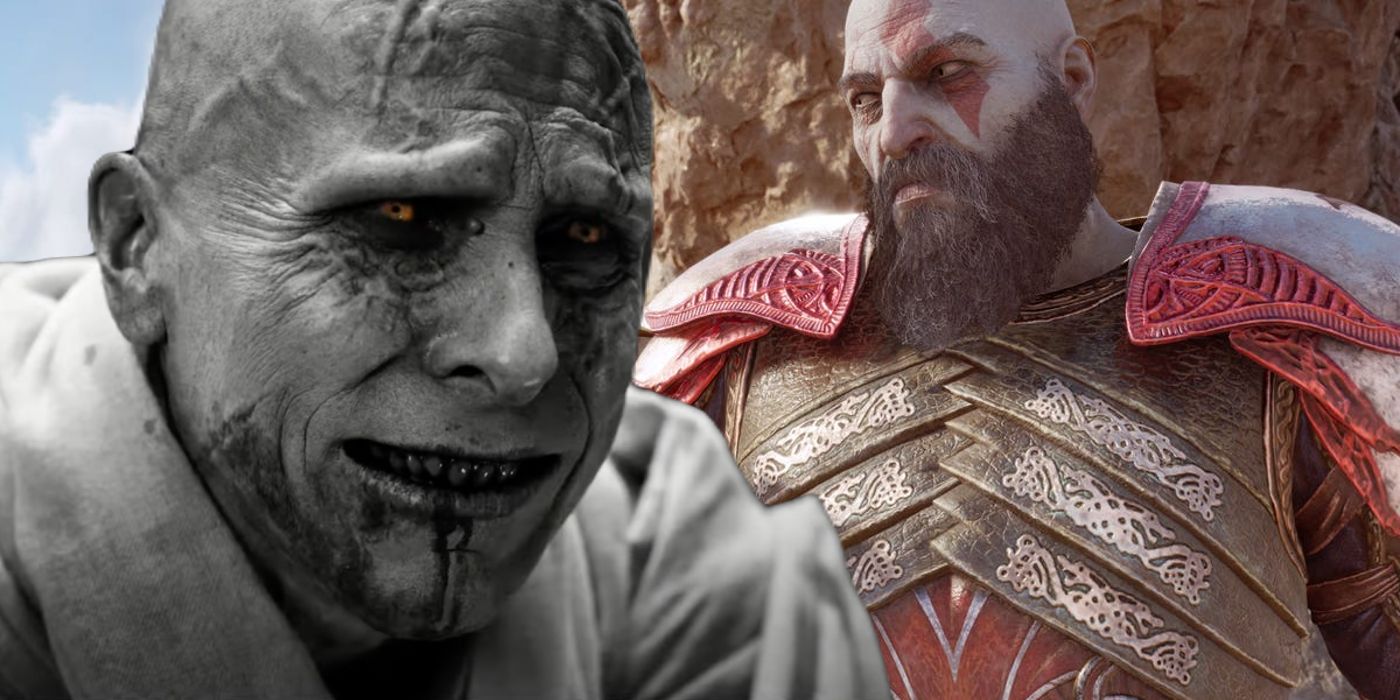 Image of Gorr the God Butcher from Thor: Love and Thunder next to Kratos from God of War Ragnarok.