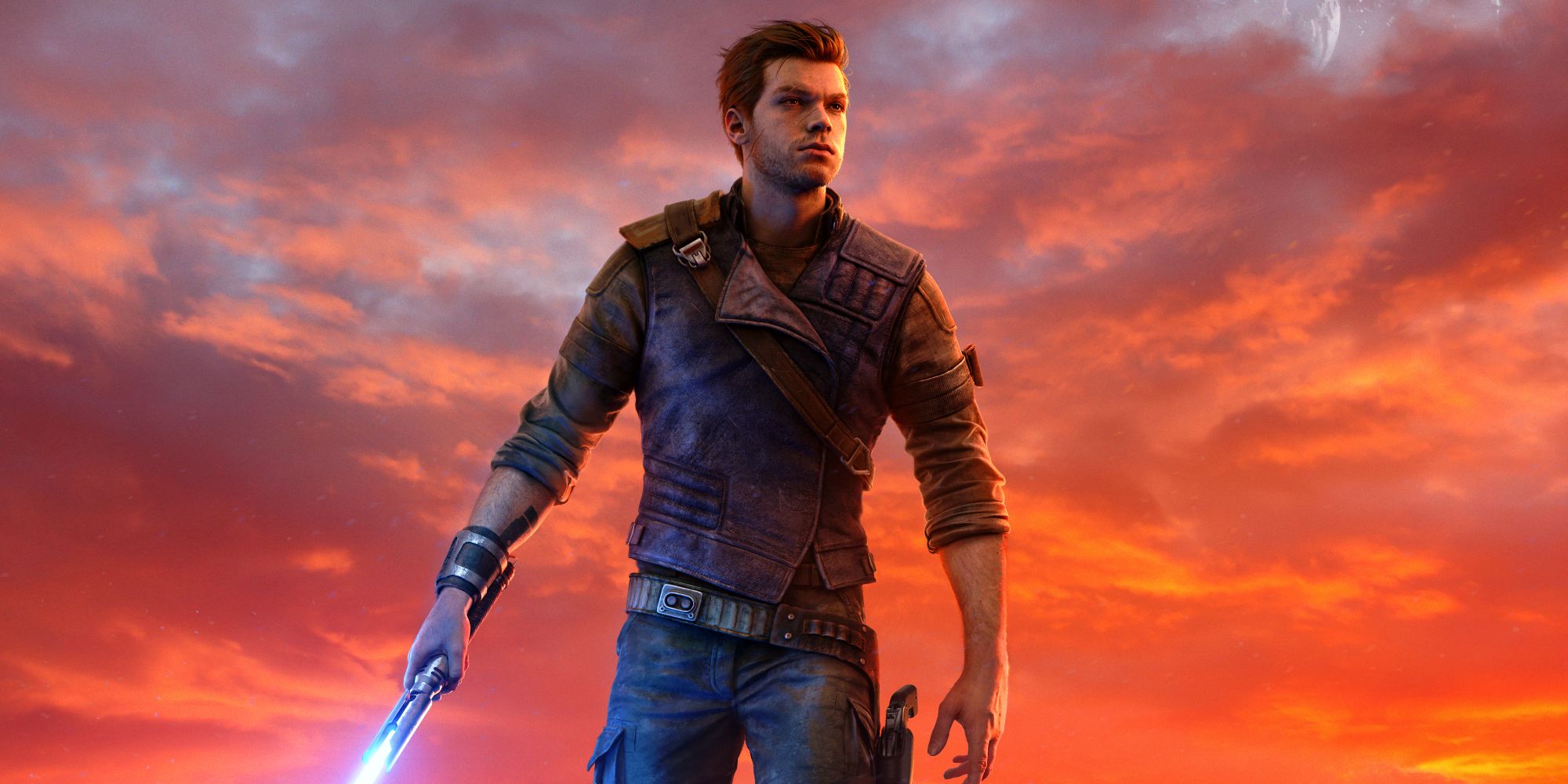 Cal Kestis in a Star Wars Jedi: Survivor promo image, standing in front of a vibrant orange sky.